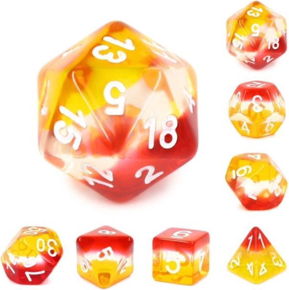 Polyset Dice | Dobbelstenen - Set Van 7 Stuks - Rood Geel Transparant Wit | Voor D&D en Andere Rollenspellen | Plastic Dobbelstenen Set voor Dungeons and Dragons | Polyhedral Dice Set | Met Mooie Zwarte Velvet Dice Bag voor Ongeveer 3 Sets